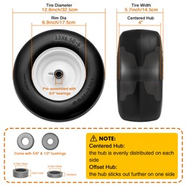 13x6.50-6 Flat Free Tire and Wheel 2 Pack, Solid Smooth Zero Turn Lawn Mower Front Tire Assembly, 3/4" Bearings Pre-assembled, 4"-6.2" Centered Hub and Extra 5/8" & 1/2" Bushings