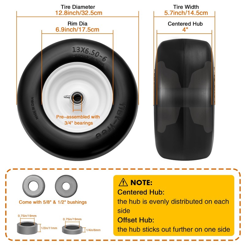 13x6.50-6 Flat Free Tire and Wheel 2 Pack, Solid Smooth