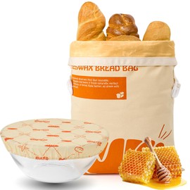 Natural Beeswax Bread Bag with Bowl Lid - Reusable Bread Bag to Keep Fresh for Homemade Sourdough Bread - Plastic-Free Bread Storage (Orange)