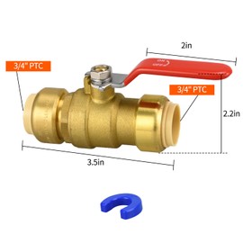 Push Fit Ball Valve, 1 Pack 3/4" Push-Fit Full Port Ball Valve with Disconnect Clip, Push-to-Connect Water Shut Off Valve for Hot and Cold Water, for PEX PVC or Copper Pipes (1pcs, 3/4")