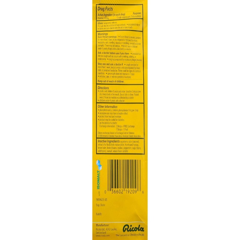 Ricola Cough Suppressant Throat Drops, Swiss Herb, Sugar Free, 19