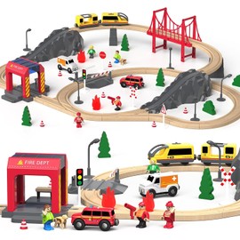 Giant bean 72PCS Fire Station Wooden Train Track Electric Train Set, Gift Packed Toy Railway Kits for Kids, Toddler Boys and Girls 3,4,5 Years Old and Up, Christmas Birthday Gift Toy for Kids