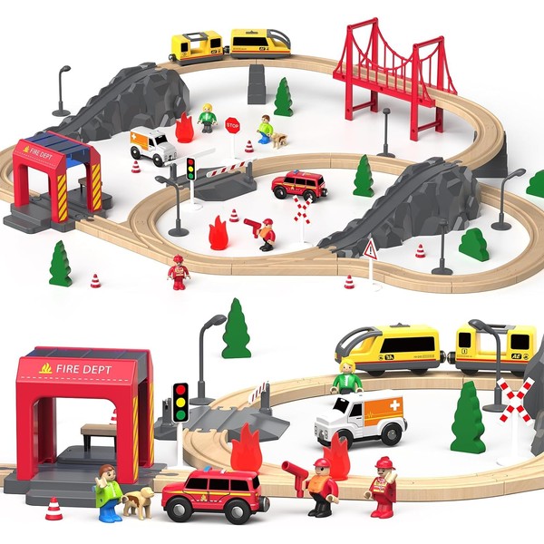 Giant bean 72PCS Fire Station Wooden Train Track Electric Train