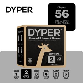 DYPER - Charcoal Enhanced Day & Overnight Disposable Baby Diapers - Made with Plant-Based* & Skin-Friendly Ingredients, Hypoallergenic for Sensitive Skin - Size 2, (56 Count)