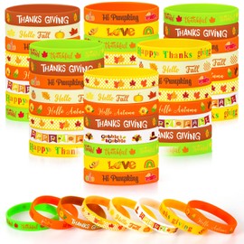 JUNEBRUSHS 64pcs Thanksgiving Party Favors Fall Leaves Pumpkin Silicone Bracelets Rubber Wristbands for Autumn Thanksgiving Home Office Party Decorations Gifts