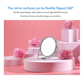 Double sided vanity mirror, make up mirror, 360° rotatable design, aluminum frame wrapped in stainless steel bracket