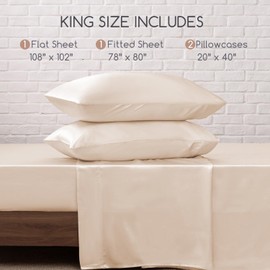 MR&HM Satin Bed Sheets, King Size Sheets Set, 4 Pcs Silky Bedding Set with 15 Inches Deep Pocket for Mattress (King, Beige)