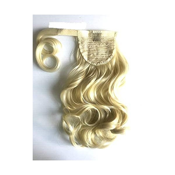 14" Wrap-on Clip in Wavy Ponytail Extensions Light Bleach Platinum