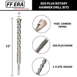 FF ERA 1 Inch x 12 Inch SDS Plus Rotary Hammer Drill Bit – U-Flute - Masonry Drill Bits with Carbide Tipped for Brick, Stone, Concrete (1'' x 12'')