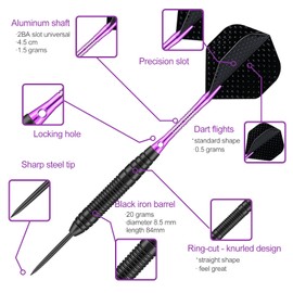 sanfeng Professional 3 Pack 22 Grams Steel Tip Darts Set With Purple Aluminum Shafts 9pcs Standard Flights + 50pcs Rubber O-Rings + 12pcs Spring Rings + 1pcs Dart Sharpener Tool