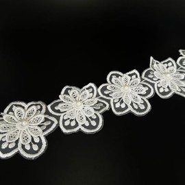 2 Yard Flower Pearl Beads Lace Trim Ribbon Floral Embroidered Sewing Lace Applique for Wedding Dress Bridal Headpieces Decoration DIY Handmade Sewing Craft Supplies (White)