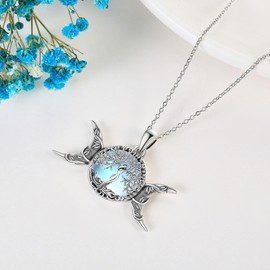 YAFEINI Wiccan Moon Necklace Sterling Silver Triple Moon Goddess Witch Necklace Moonstone Tree of Life Pendant Necklace Pagan Protection Jewelry for Women