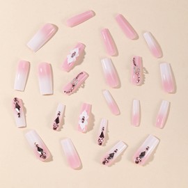 RTKHFZE Press on Nails Long Square Nails Press Ons French Gradient Fake nails with Metal Butterfly and Rhinestones Designs Acrylic False Nails Stick on Nails for Women and Girls 24Pcs