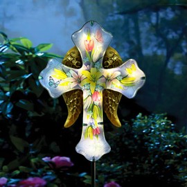WAIU Solar Cross Garden Stake Lights,Metal Angel Wing & Acrylic Flowers Cross Solar Christmas Lights Outdoor,Waterproof Memorial Garden Decor for Cemetery,Grave,and Remembrance Gifts