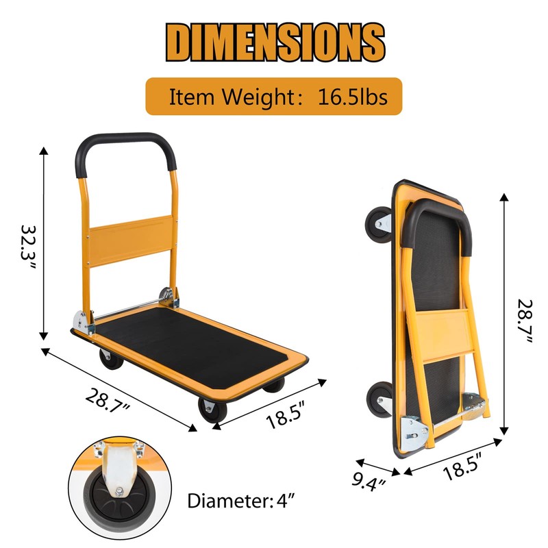 LEADALLWAY Foldable Push Cart Platform Cart 330lbs Capacity 4 Wheels