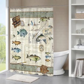 Tourrest Farmhouse Fishing Shower Curtain Cabin Fish Bathroom Shower Curtains Farmhouse Country Rustic Shower Curtain Waterproof Polyester Fabric 60 x 72 Inch