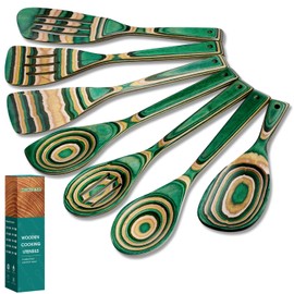 Wooden Spoons for Cooking, 7 Pcs Pakkawood Wooden Kitchen Cooking Spoon Utensil Tools Set Includes Spatula Corner Spoon Rice Paddle Friendly to Non-Stick Cookware by HOWHONG (Green)