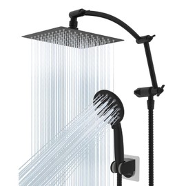 Hibbent All Metal Shower Head, 8'' High Pressure Rain Shower Head/Handheld Showerhead Combo, 16'' Adjustable Arc-shaped Shower Extension Arm, 7-Spray, 71'' Hose Adhesive Showerhead Holder, Matte Black
