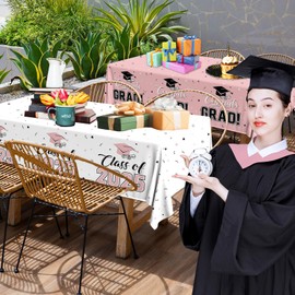 Bezkega 2025 Graduation Decorations,Congrats Grad Tablecloth 2pcs White Pink Class of 2025 Table Covers Rectangle for Graduation Party Supplies,108x54inch(Pink)