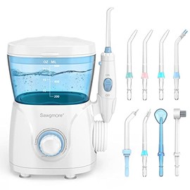 Sawgmore Irrigador bucal con hilo dental de agua, gran capacidad de 600 ml, 10 presiones ajustables, hilo dental eléctrico para dientes/aparatos ortopédicos, 8 boquillas para el hogar Irrigador bucal