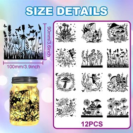 GLOBLELAND 12Pcs Mushroom Flower Jar Cutouts (Not Stickers) Lantern Jar Mushroom Flower Cutouts Jar Decor Lantern Laser Silhouette Jar Cutouts Window Lamp Decals Glass Cutouts Decorations Art Mural