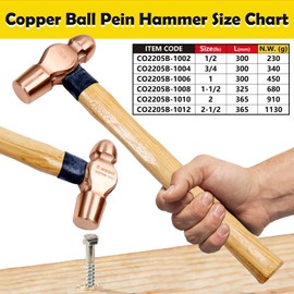 WEDO Copper Ball Peen Hammer 12 oz(3/4lb), Ball Pein Hammer with Wooden Handle, Length 300mm(12"), Die-Forged, Corrosion Resistant, DIN Standard