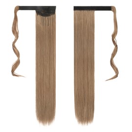FESHFEN Long Straight Ponytail Hairpiece, Synthetic Hair Extension Braid, for Women and Girls, Light Brown & Natural Blonde, 70 cm