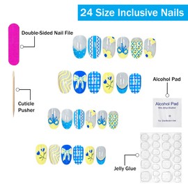 Short Oval Press on Nails SWEKKE French Tip Fake Nails Cute False Nails with Bow Floral Designs Blue&Yellow Glossy Glue on Nails Stick on Nails for Women Girls 24Pcs