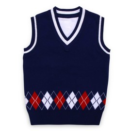 Happy Cherry Kids Sleeveless Sweater Boys V Neck Knitted Vests Plaid Child Knitwear Navy 3-4T