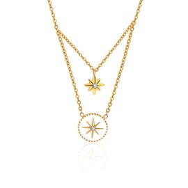 TaYolnFaSo Enamel Octagram Layering Necklaces for Women 18k Real Gold Plated Star Coin Necklace Cubic Zirconia Pendant Star Necklaces Jewelry Birthday Valentine's Day Gift for Wife Girlfriend Sister,