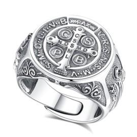 Vito S925 Sterling Silver Saint Benedict Ring for Women Men, Adjustable St Benedict Open Ring Religious San Benito Men Band Rings Protection Amulet Jewelry Gift for Dad Son