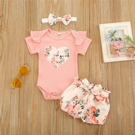 Infant Baby Girls Bloomer Shorts Outfits Ruffle Romper Tops and Floral Shorts Clothes Set with Headband (Pink,0-6 Months)