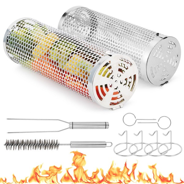 Grill Basket, IMAGE Round Hole Rolling Grilling Baskets for Outdoor Grill Portable Grill Nets Cylinder with Reinforced Locking Clasp, 2-Pack 12 in Stainless Steel Grill Mesh Barbecue Grill Accessories