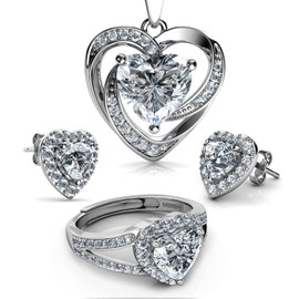 DEPHINI - Crystal Jewellery set - Heart Necklace Earrings & Ring - 925 Sterling Silver - Cubic Zirconia