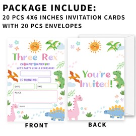 Fbitey Three Rex Birthday Invitations, 1st Dinosaur Birthday Invitation Card, 20 Greenery Safari Jungle Animals Invites with Envelopes for Party Supplies Decor-B12