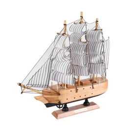 Wooden Sailboat Model 9" Tall Marine Coastal Sailing Ship Model Mediterranean Style Wood Handcrafted Sailing Boat Vintage Nautical Ocean Theme Sailing Boat Ornaments Home Office Tabletop Decors