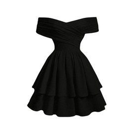 OYOANGLE Girl's Textured Off Shoulder Short Sleeve Dress Party Layered Ruffle Hem A Line Dresses Black 12Y