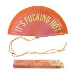 FISURA Original fan with text "It's f*cking hot". Colourful wooden hand fan, reversible and modern. Pink and orange gradient. Includes hanger. Dimensions: 42.5 x 23 cm