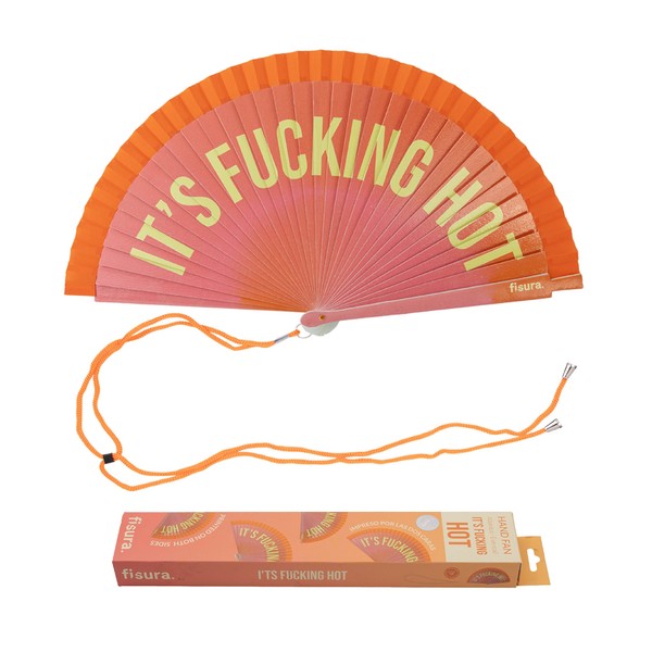 FISURA Original fan with text "It's f*cking hot". Colourful wooden