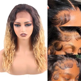 ManeMajesty 13x4 Lace Front Wigs Human Hair Curly Wave 20inch Honey Blonde HD 360°Full Lace Front Wigs for Women Pre Plucked with Baby Hair Glueless Brazilian Ombre Lace Frontal Wigs TT1B/27