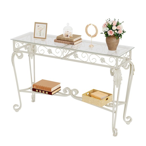 HavenlyYouth Console Table 47.2", Tempered Glass Sofa Table with Metal