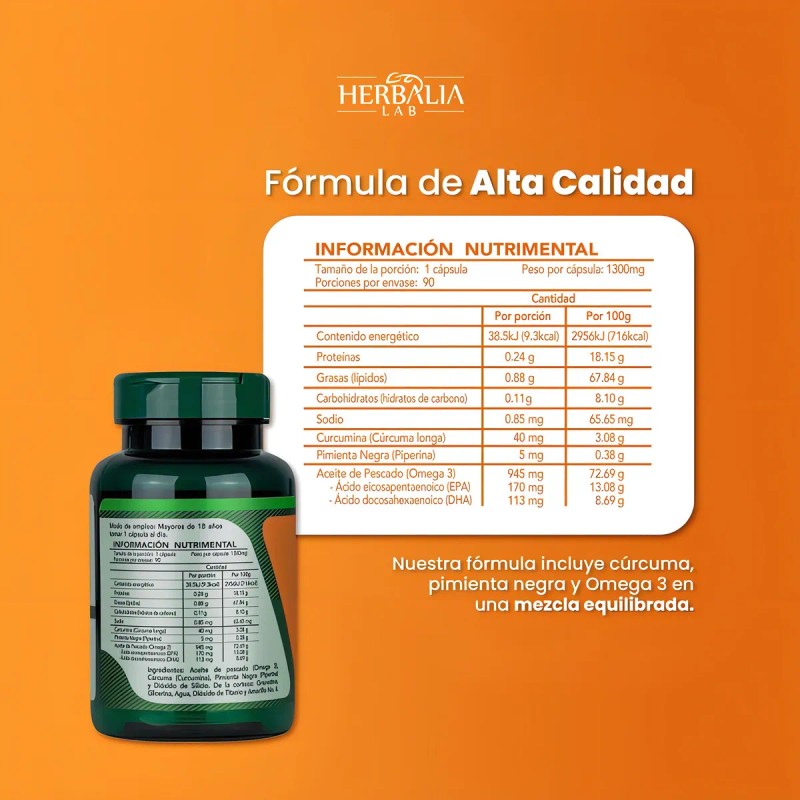 Cúrcuma Con Pimienta Negra + Omega 3, Curcumina Herbalia Lab