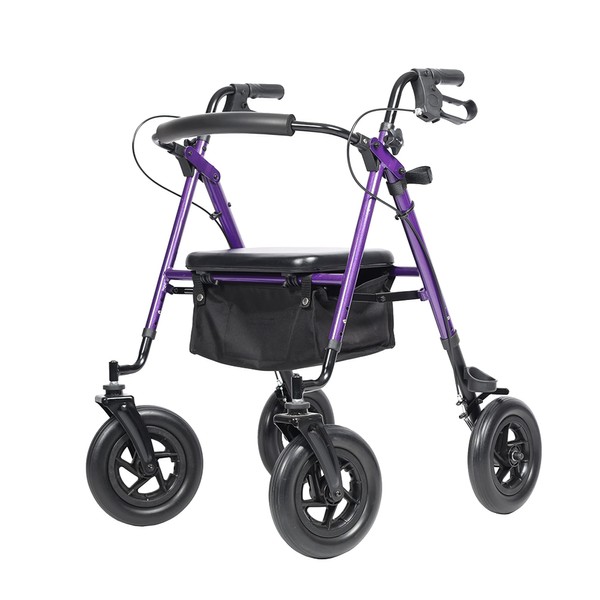 ELENKER All-Terrain Rollator Walker with 10” Rubber Wheels, Padded Seat & Backrest, Under-seat Basket for Seniors, Purple