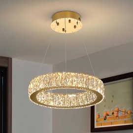 IDEQUY Modern LED Ring Pendant Light Dimmable Crystal Chandelier 15.7" Gold Crystal Chandelier for Dining Room Living Room