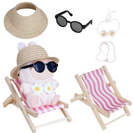 Accessories Set for Labu Doll,Miniature Beach Sun Hat/Sunglasses/Wooden Folding Beach Chairs for Dolls Accessories(No Doll Included)