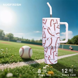 Baseball Tumbler 40 oz with Handle and Straw, Baseball Gifts for Sports Lovers Cup Holder Friendly Insulated Travel Mug Stainless Steel Water Bottle