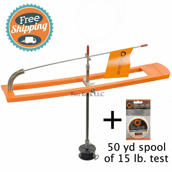 Celsius Rail Style Ice Fishing TIP UP w/ LINE - variable tension release - BLAZE Orange