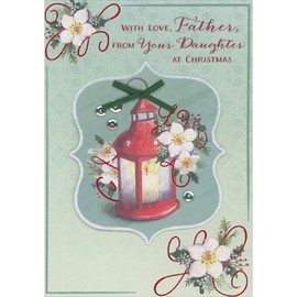 Designer Greetings Red Lantern with Lit Candle on 3D Curving Banner, Green Ribbon, Sequins Hand Decorated Father Christmas Card from Daughter