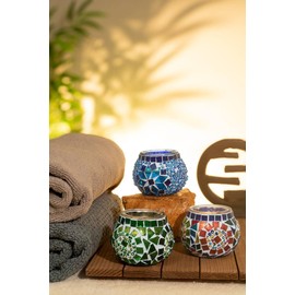 KAFTHAN Mosaic Glass Tealight Candle Holder Set of 3 - Decorative Unique Table Centerpiece for Wedding, Ball & Home - Lighting, Aromatherapy, Party & Gift - (2.4" x 2", Blue, Multicolor, Green)