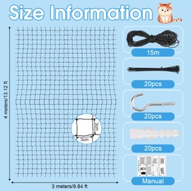 Cat Net for Balcony, 3 x 4 m Cat Net, Wire Reinforced, No Drilling, Cat Protection Net, Black, Balcony Net for Cats to Secure Balconies, Patios, Windows, Doors, Fences